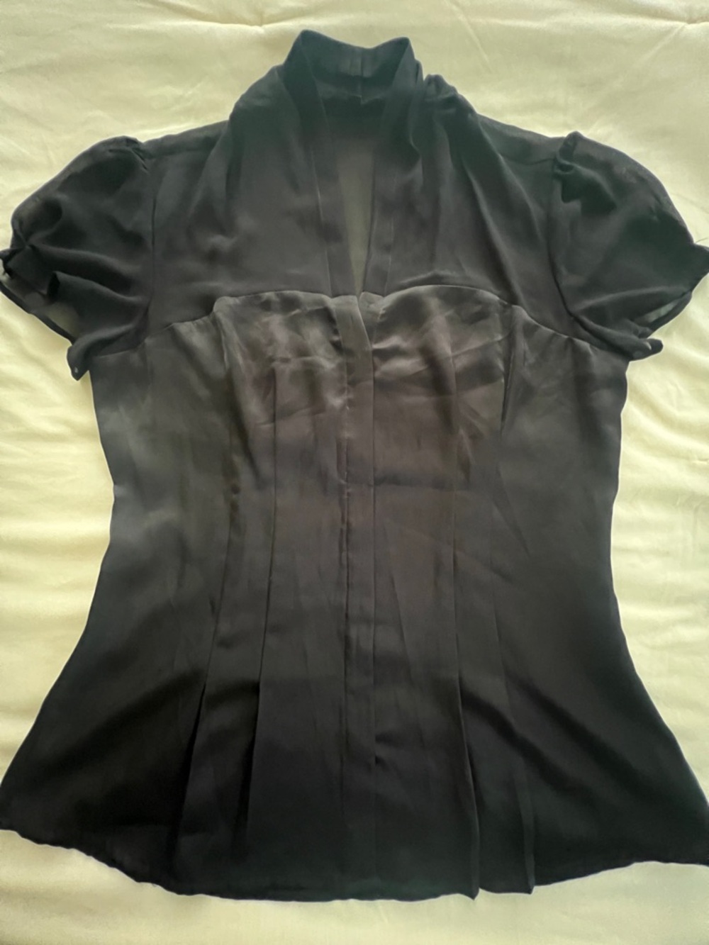 Express Black Short-Sleeve Silk Blouse with Puff Sleeves